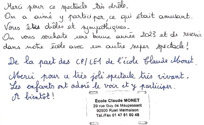 Livre d’or 2023 Rueil Malmaison Compagnie du Dromadaire, spectacles pour enfants